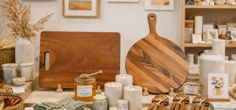 display of acacia serverware in gift store