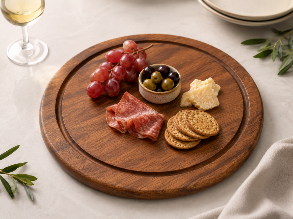 round board with groove with food display